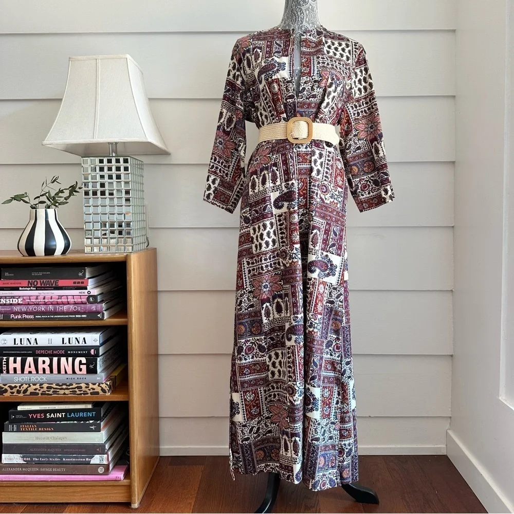 Vintage Patchwork Print Kaftan Style Nightgown Dress Boho Cottage - Picture 2 of 8